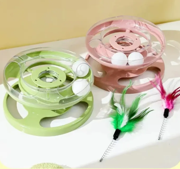 Interactive Tower Cat Toy Turntable Balls With Feather