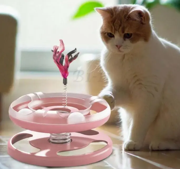 Interactive Tower Cat Toy Turntable Balls With Feather