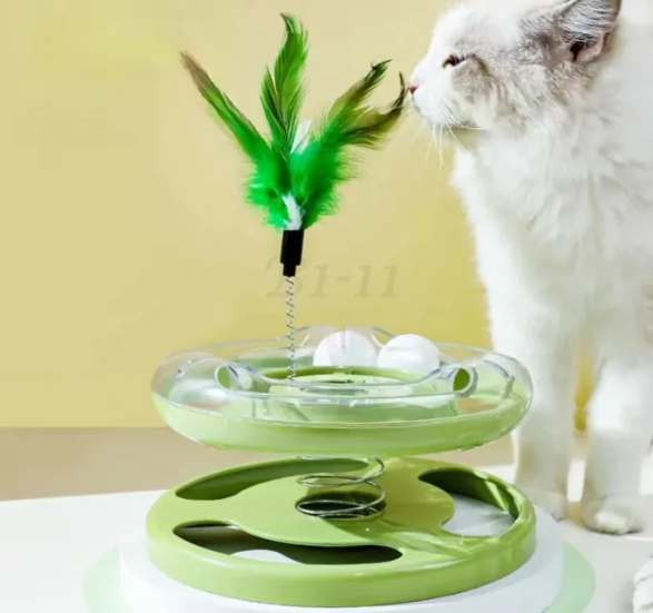 Interactive Tower Cat Toy Turntable Balls With Feather