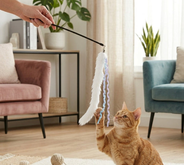 Cat Playing Stick With Ribbon And Fur